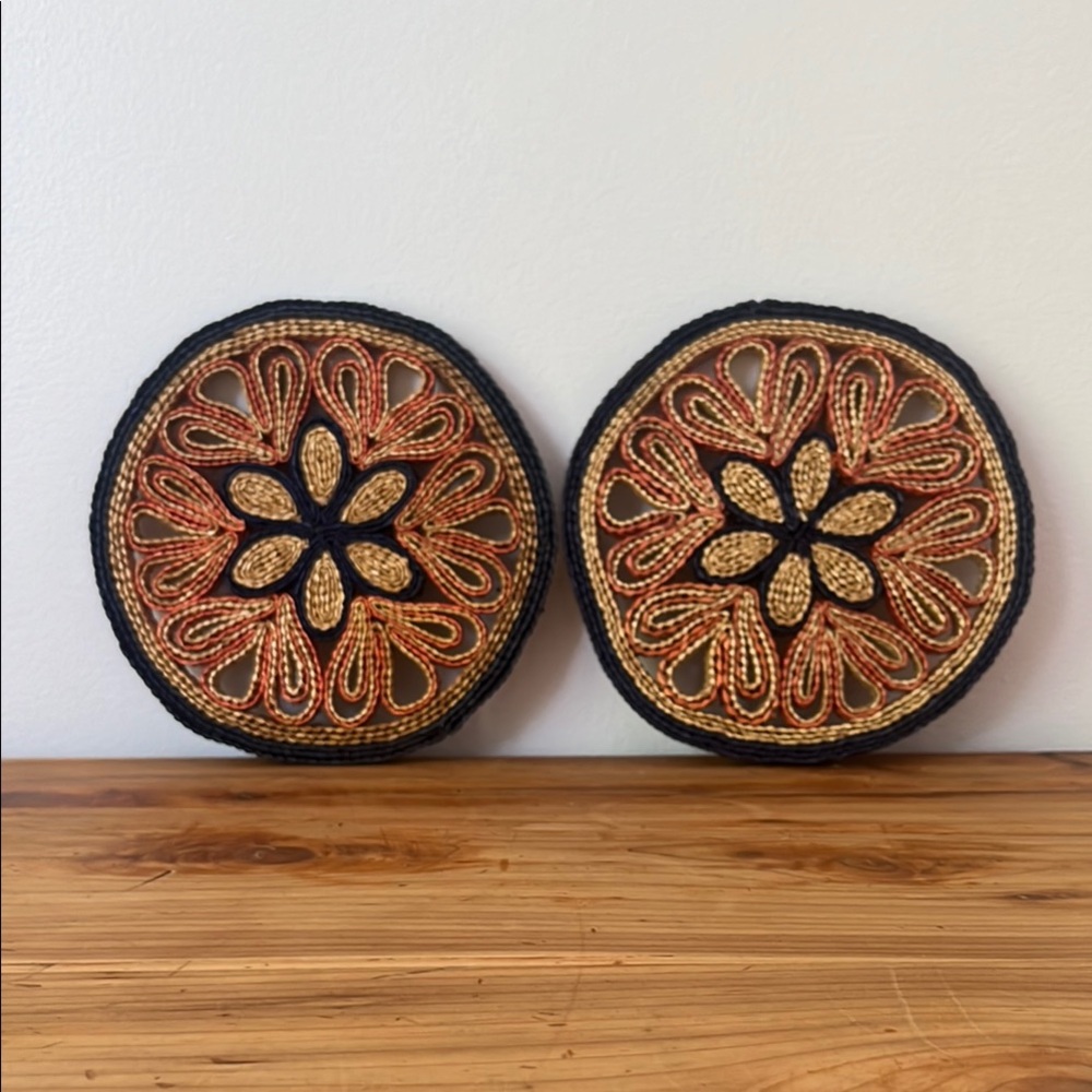 Very nice dark blue, orange and gold vintage raffia trivets or wall decor